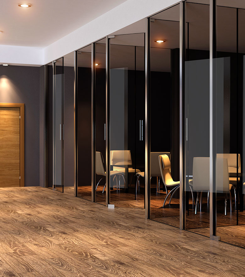 Office with glass partition walls