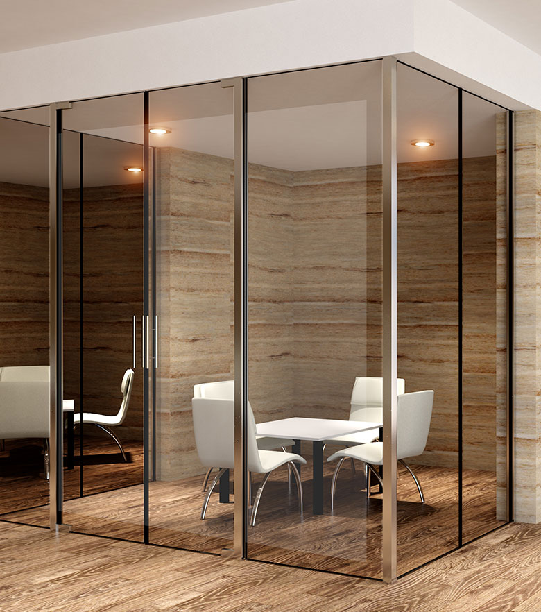 Office interior with custom glass partitions
