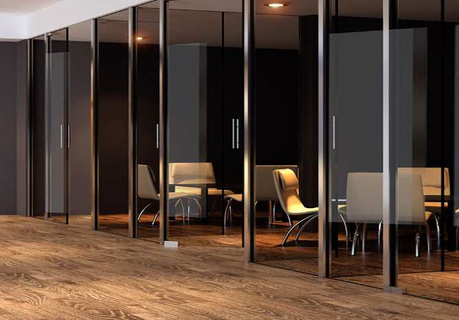 Commercial office interior with glass partitions installed by Illusions